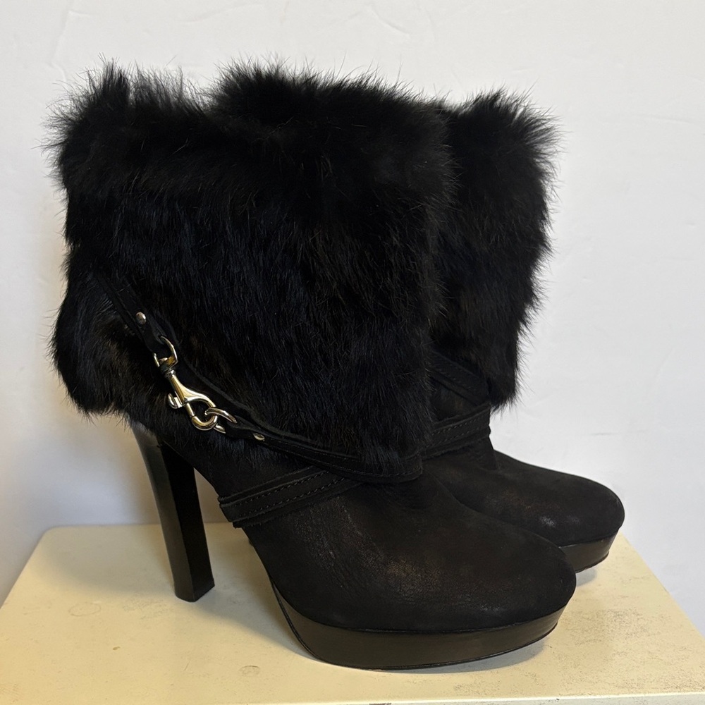 Coach Athena Rabbit Fur and Suede Heeled Platform Bootie